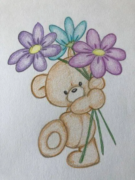Desenho para Desenhar de Urso Fofo com Flores Coloridas