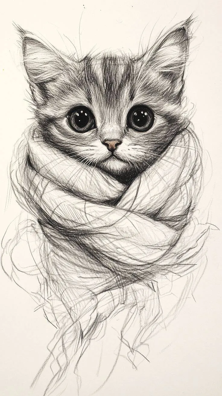 Desenho para Desenhar de um Gato Fofo com Cachecol