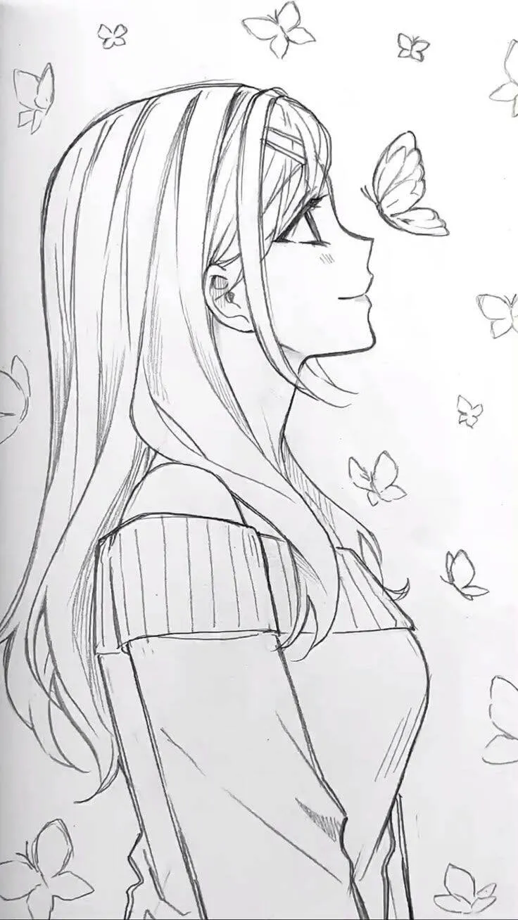 Desenho para Desenhar Bonito de uma Menina com Borboletas