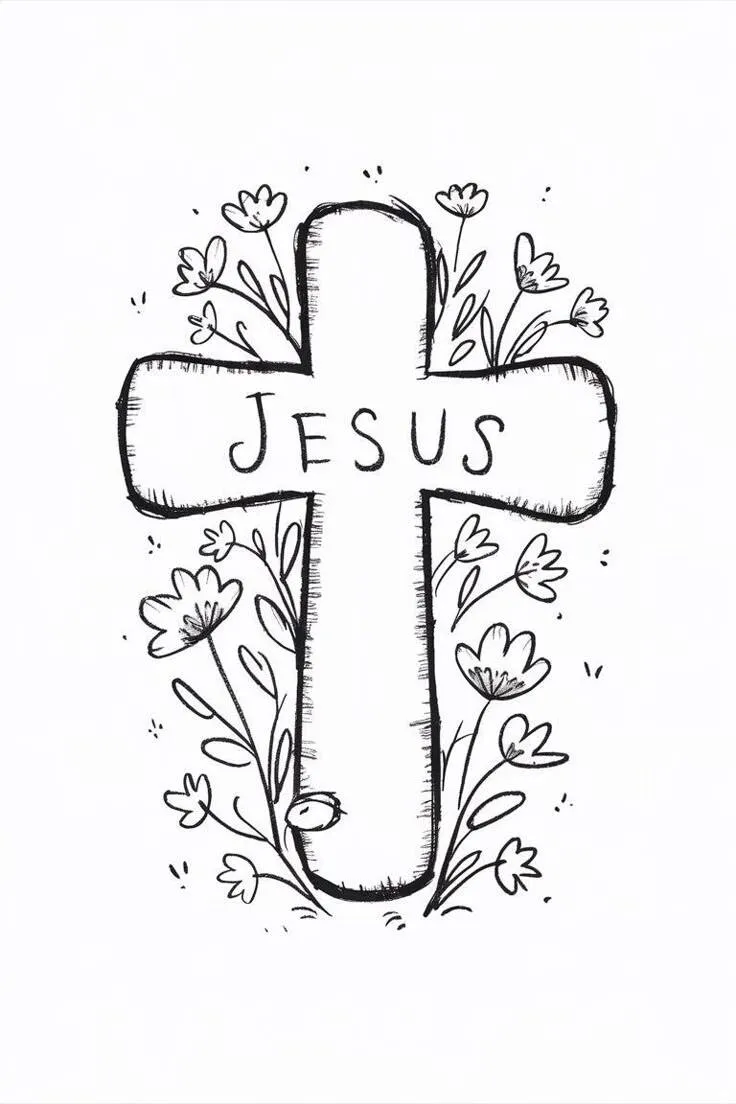 Desenho para Desenhar de uma Cruz com Flores Bonitas