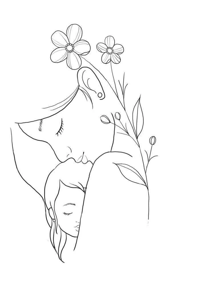 Desenho para Desenhar Bonito de Mãe e Filha com Flores