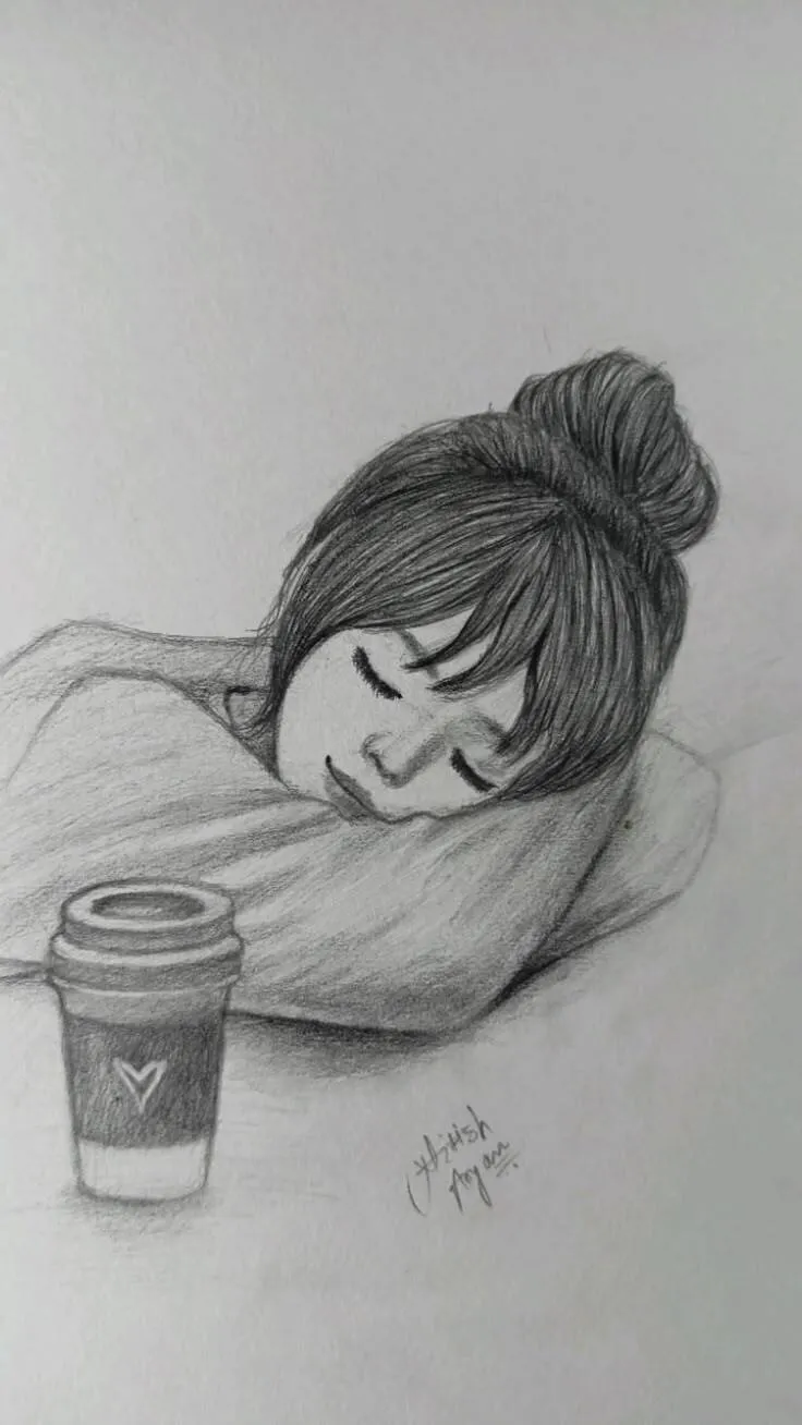 Desenho para Desenhar de uma Menina Dormindo com Café