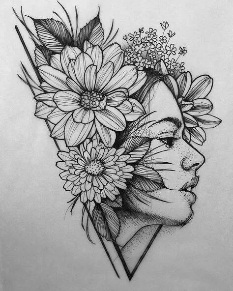 Desenho para Desenhar de uma Mulher com Flores Bonitas
