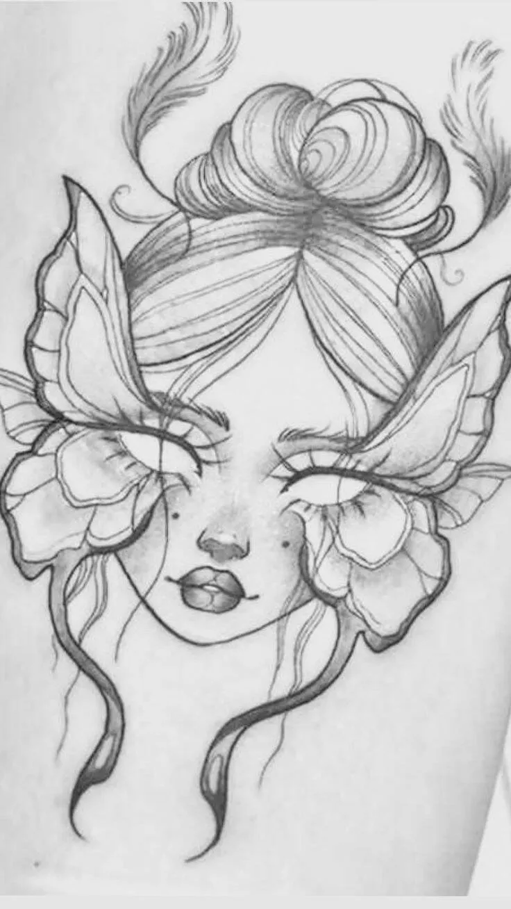 Desenho para Desenhar de uma Menina com Borboletas Bonitas