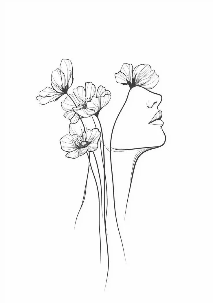 Desenho para Desenhar de uma Mulher com Flores Bonitas