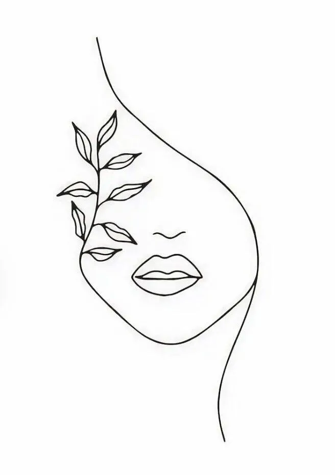 Desenho para Desenhar de Rosto Feminino com Folhas