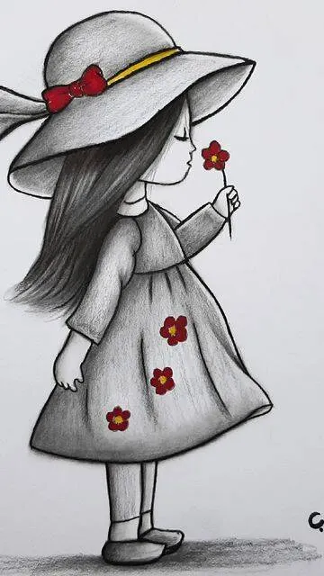 Drawing to Draw of a Girl with a Hat and Flowers