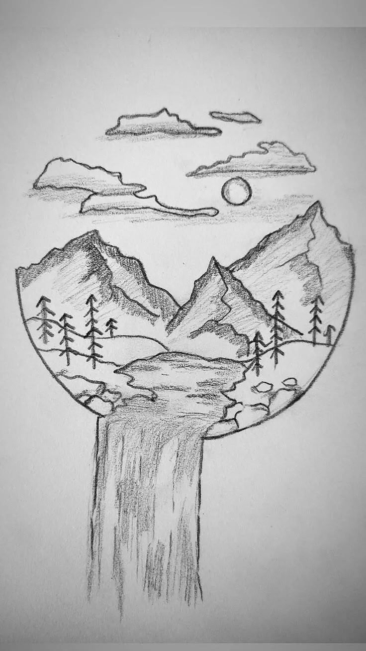 Desenho para Desenhar de Paisagem Natural com Montanhas e Cachoeira