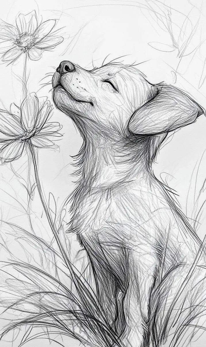 Desenho para Desenhar de um Cachorrinho Feliz entre Flores