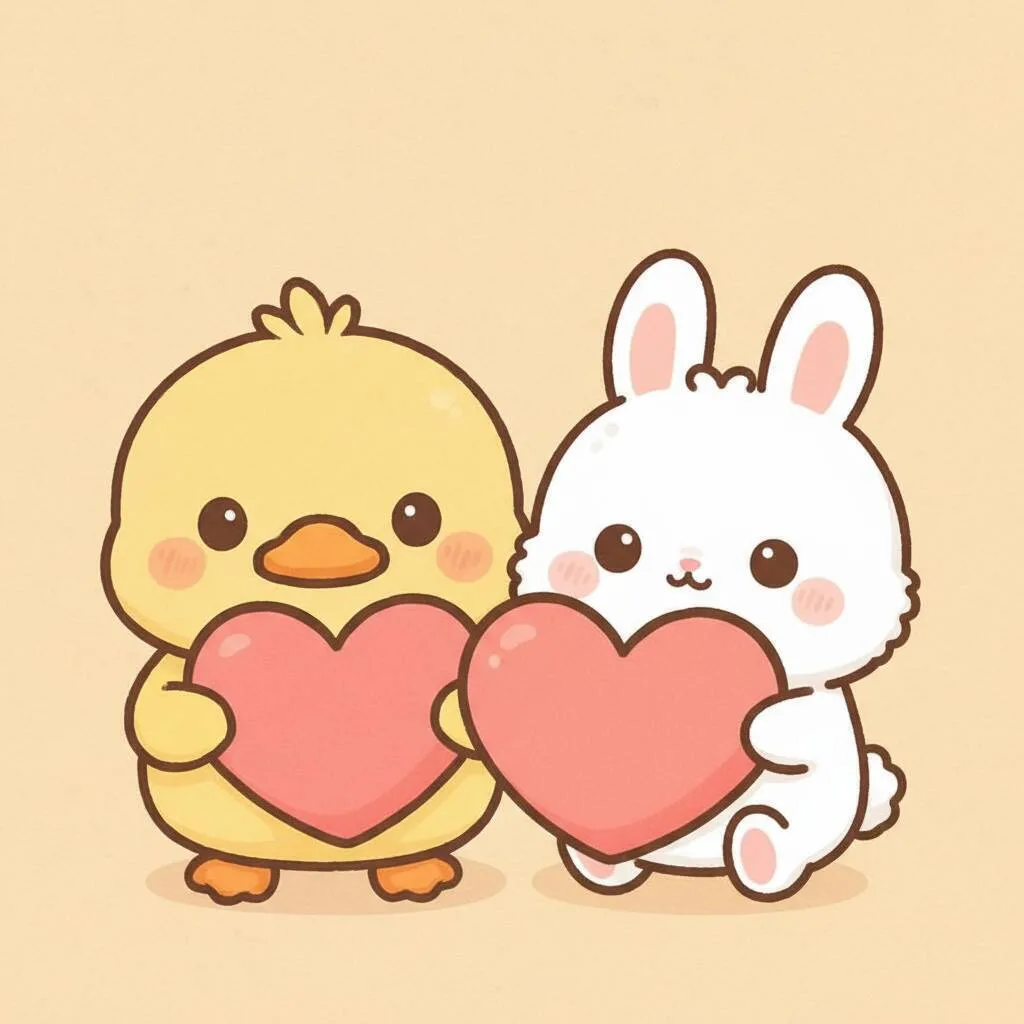 Desenho Fofo para Desenhar de Pato e Coelhinho com Corações