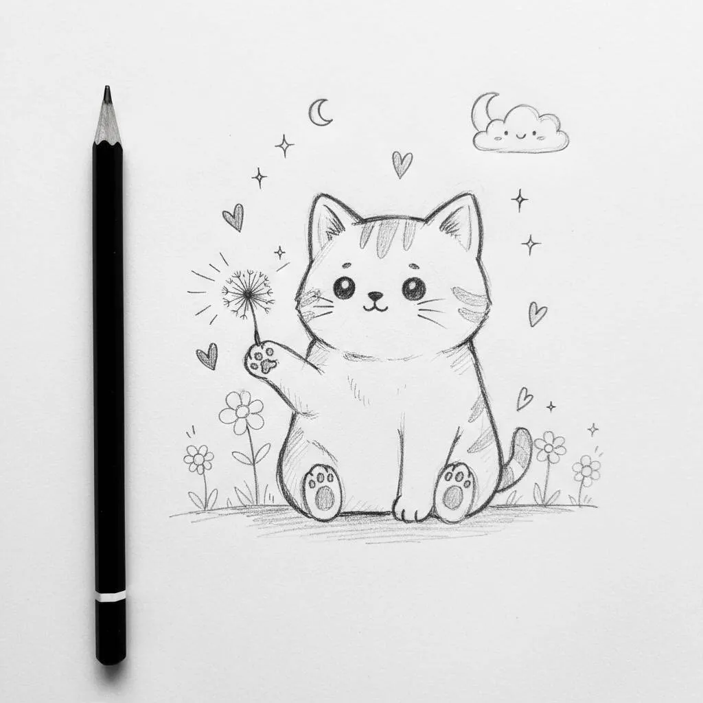 Desenho Fofo para Desenhar de Gatinho com Dente de Leão