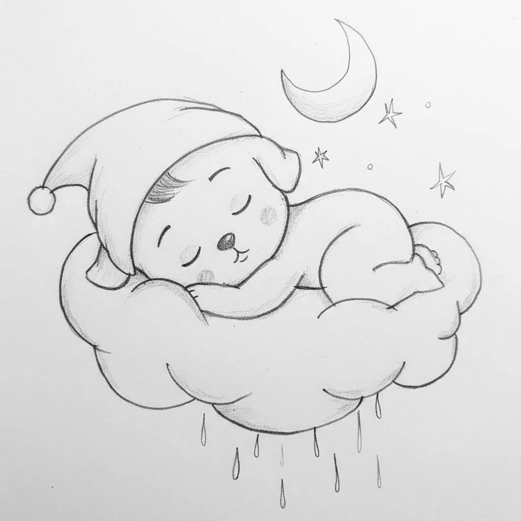 Desenho Fofo para Desenhar de Cachorrinho Dormindo em uma Nuvem