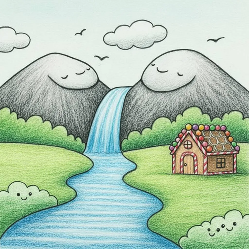 Desenho Fofo para Desenhar de Montanhas Sorridentes com Casa de Doces