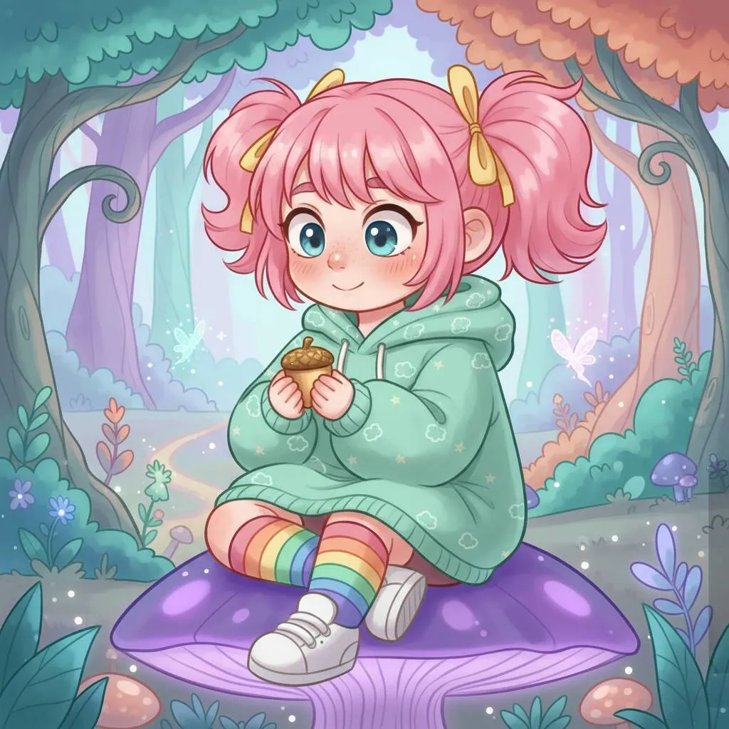 Desenho Fofo para Desenhar de Menina com Cabelo Rosa Sentada em Cogumelo