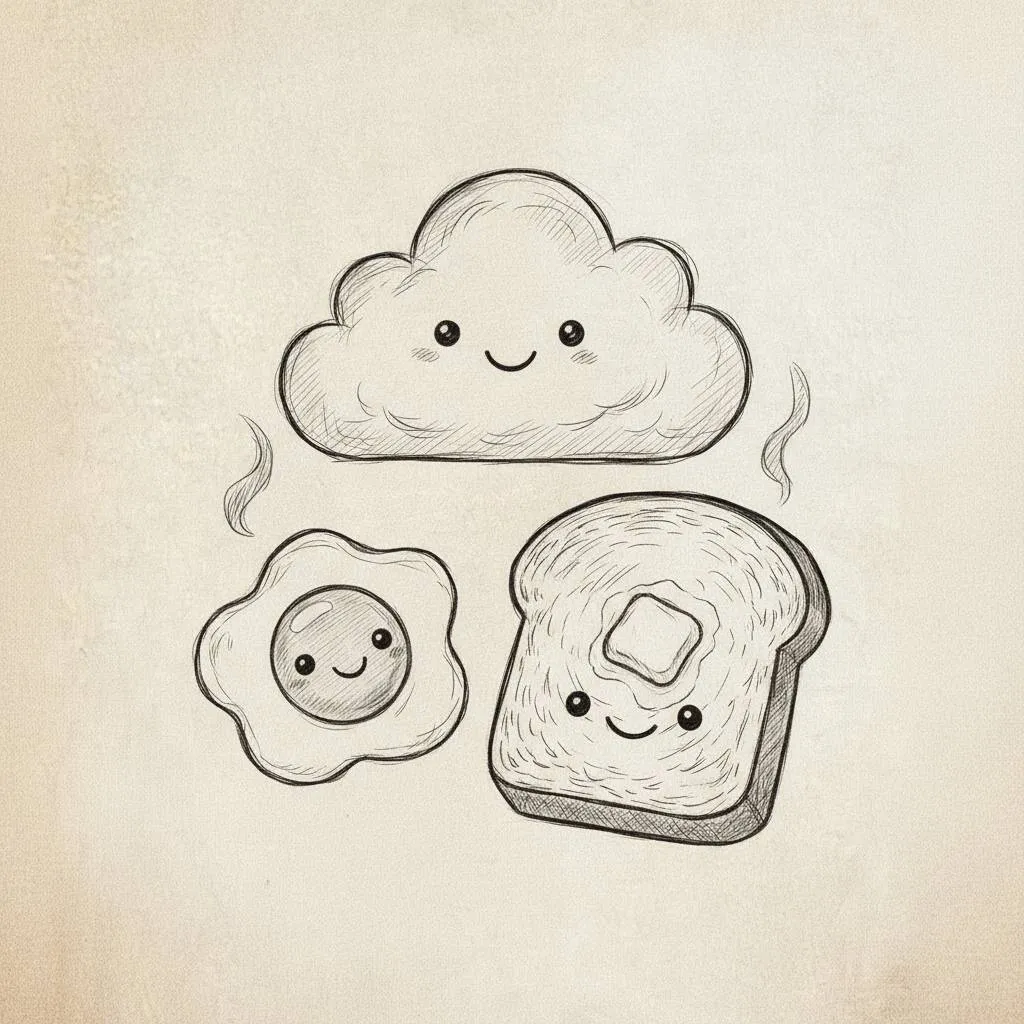 Desenho Fofo para Desenhar de Nuvem, Ovo e Pão Kawaii