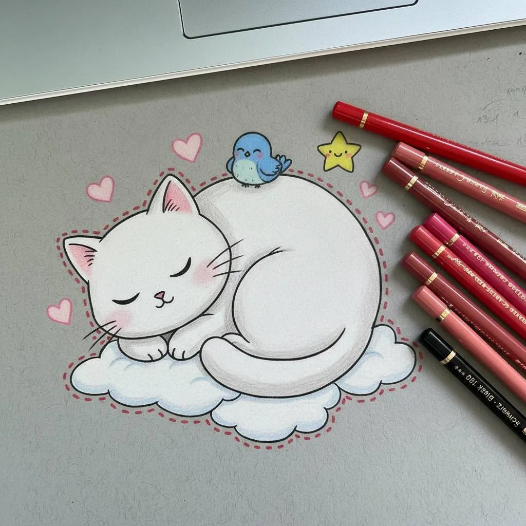 Cute Drawing to Draw of a Kitten Sleeping with a Bird