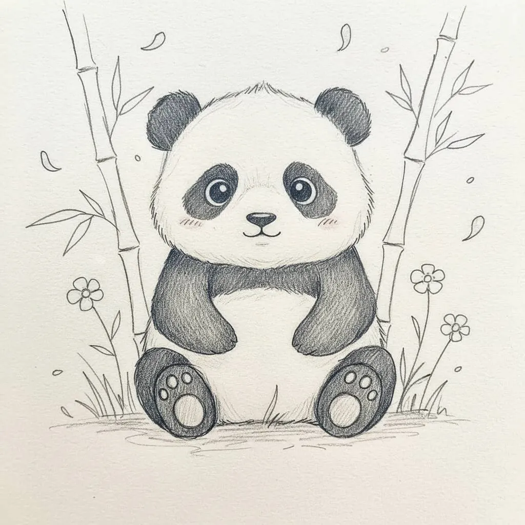 Cute Drawing to Draw of Panda Sitting Among Bamboo