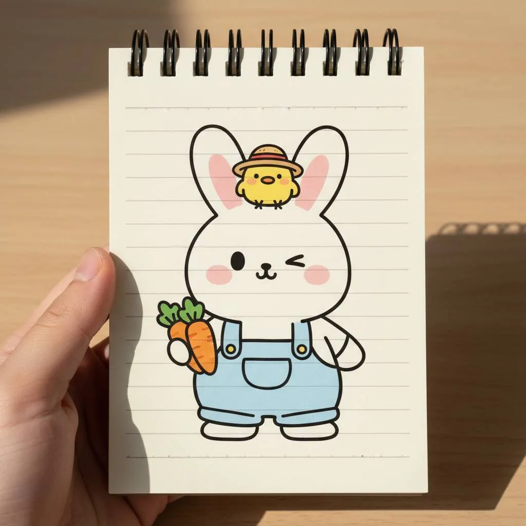 Desenho Fofo para Desenhar de Coelhinho com Cenoura e Pintinho
