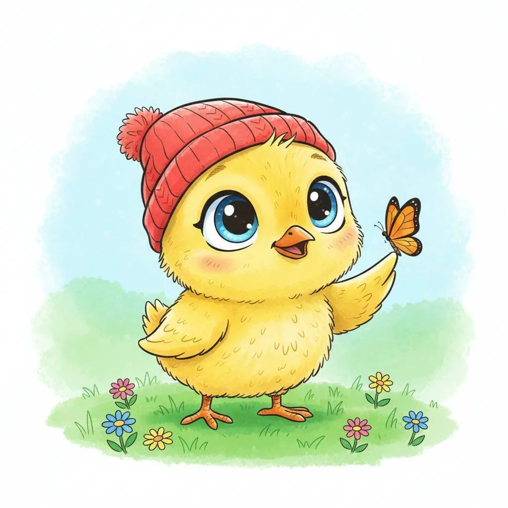 Cute Drawing to Draw of a Chick with a Hat and a Butterfly