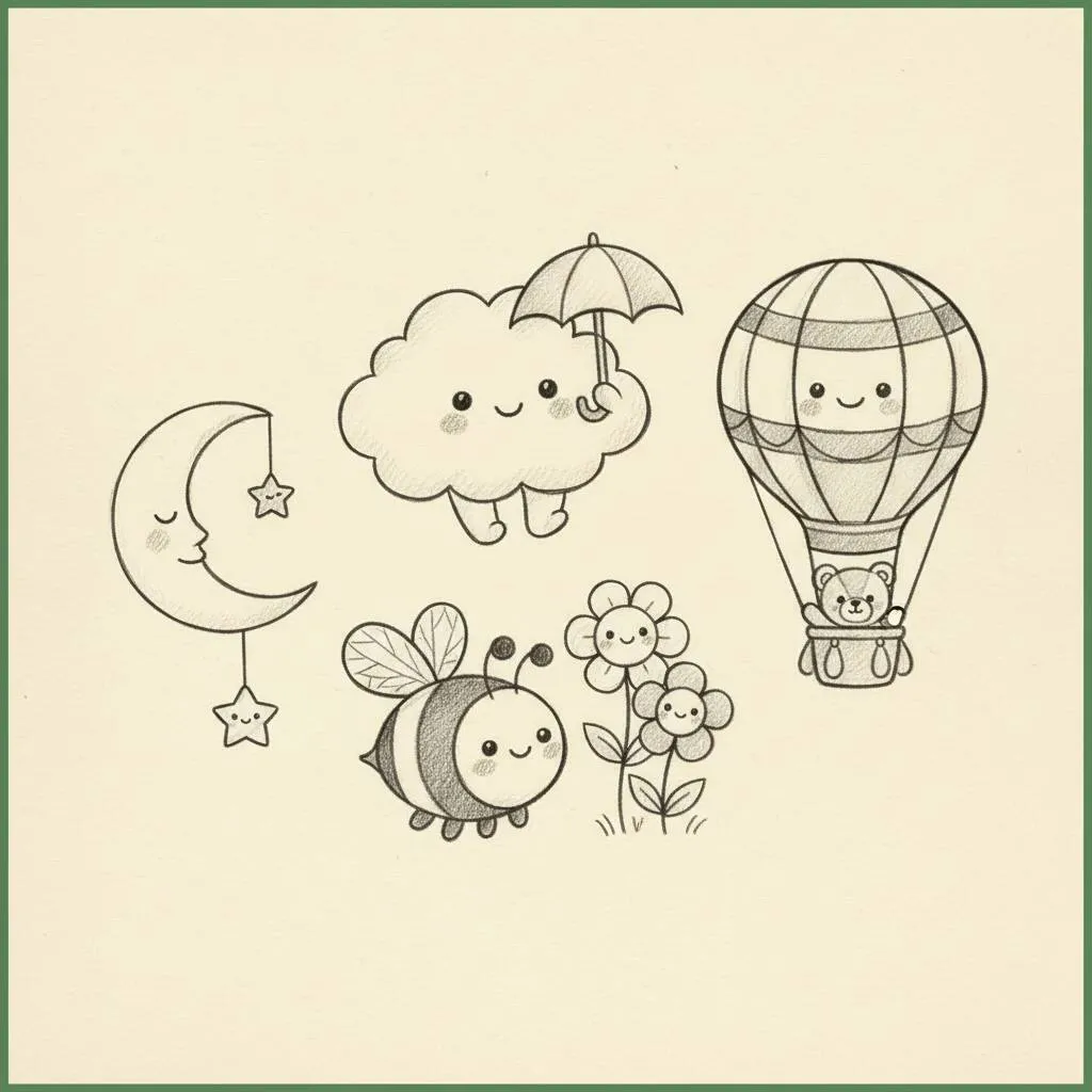 Cute Clord Drawing with Umbrella and Balloon