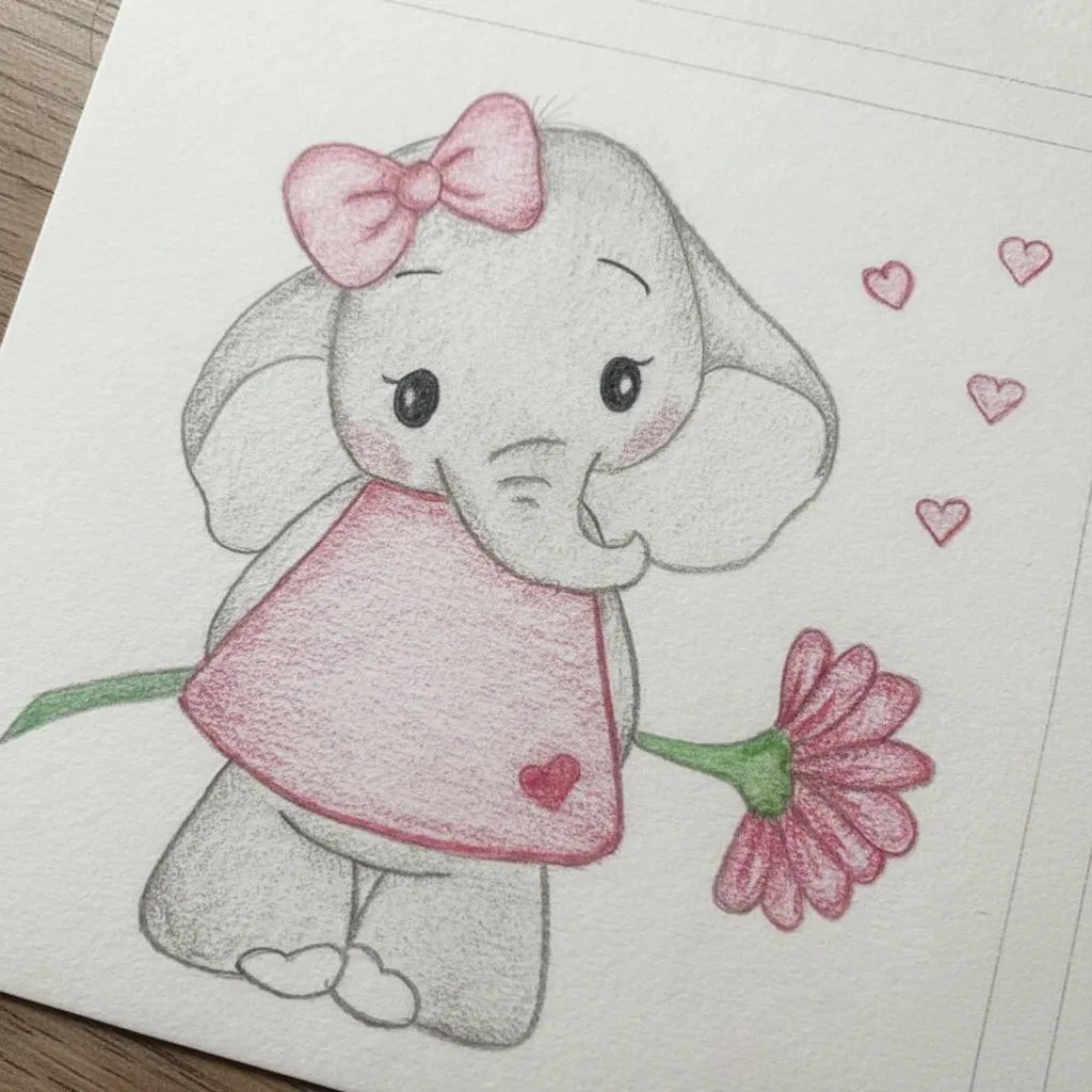 Desenho Fofo para Desenhar de Elefantinha com Flor e Laço