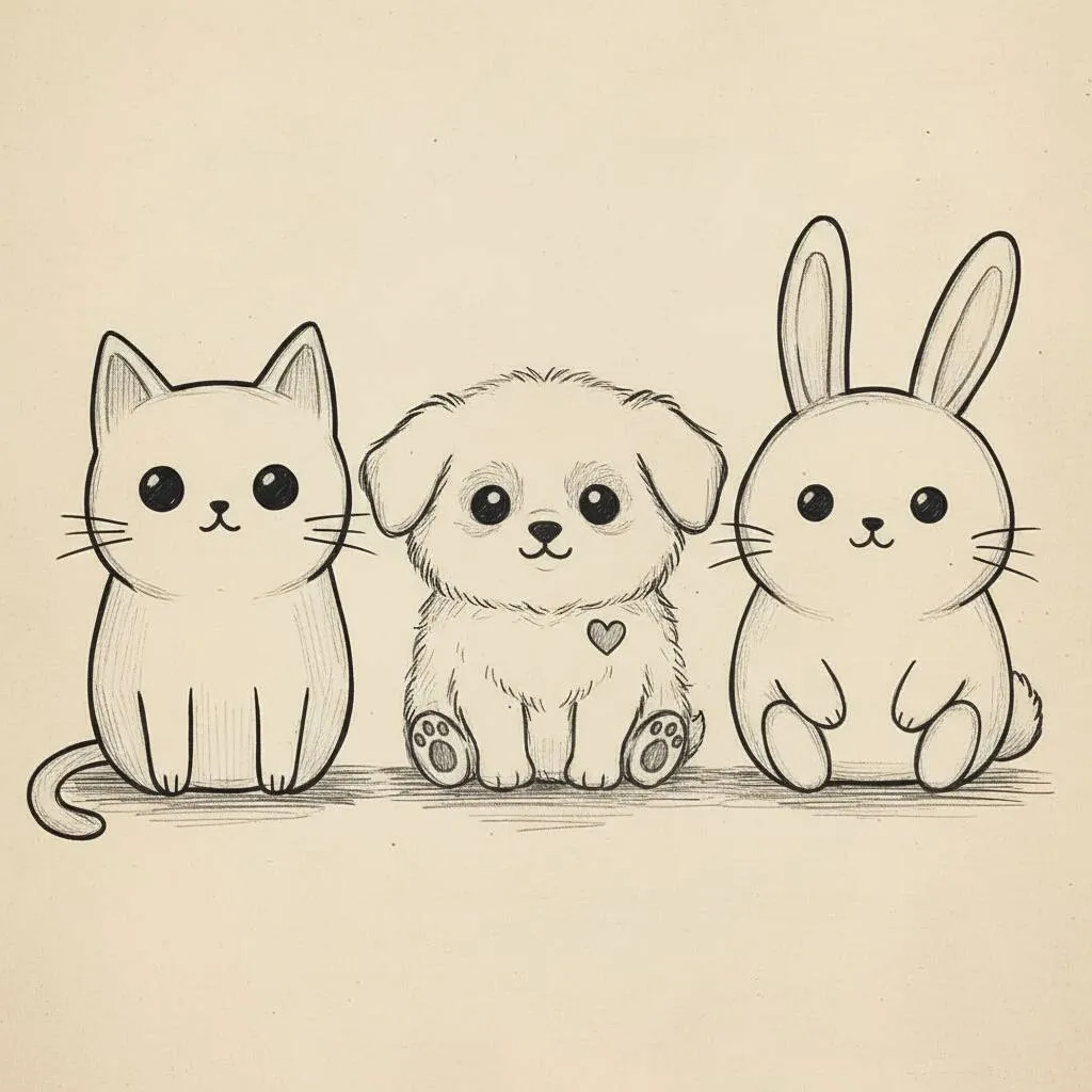 Desenho Fofo para Desenhar de Gato, Cachorrinho e Coelhinho