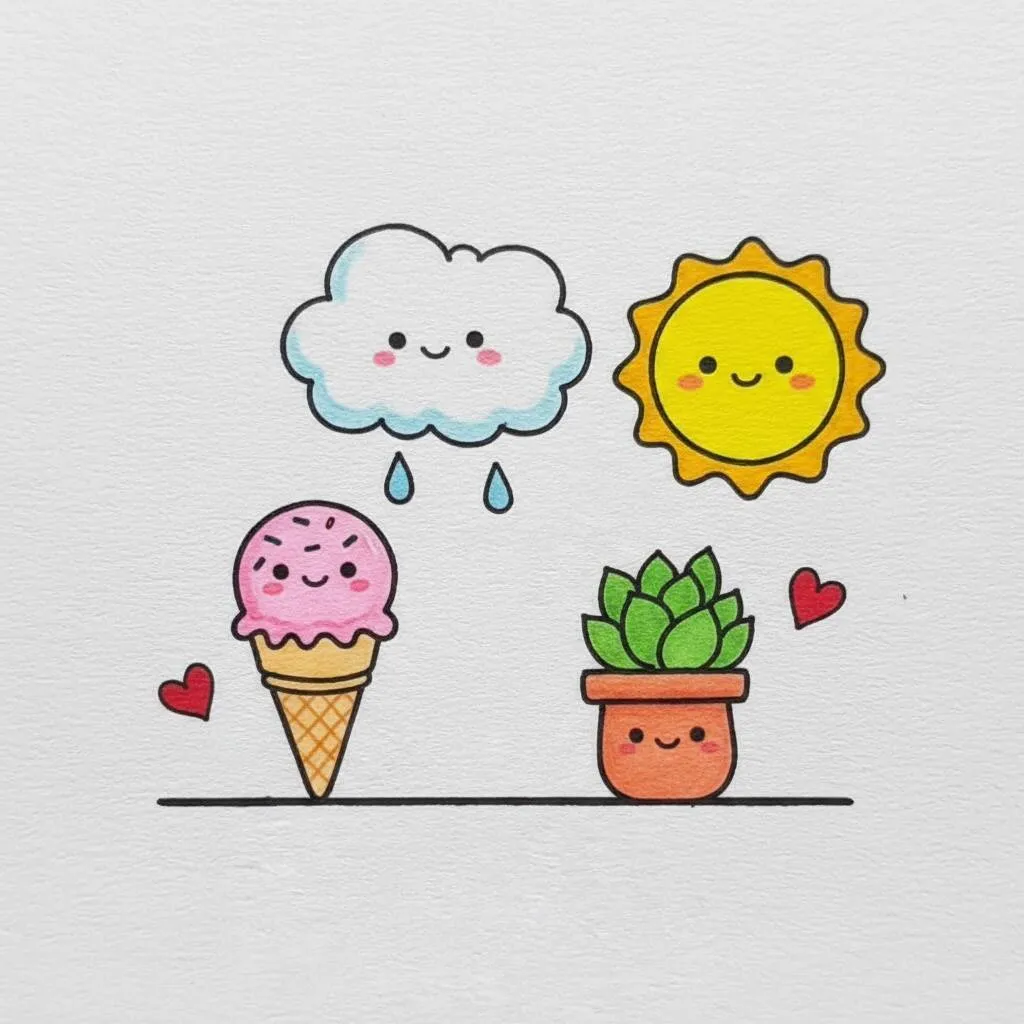 Desenho Fofo para Desenhar de Sorvete Kawaii com Nuvem e Sol