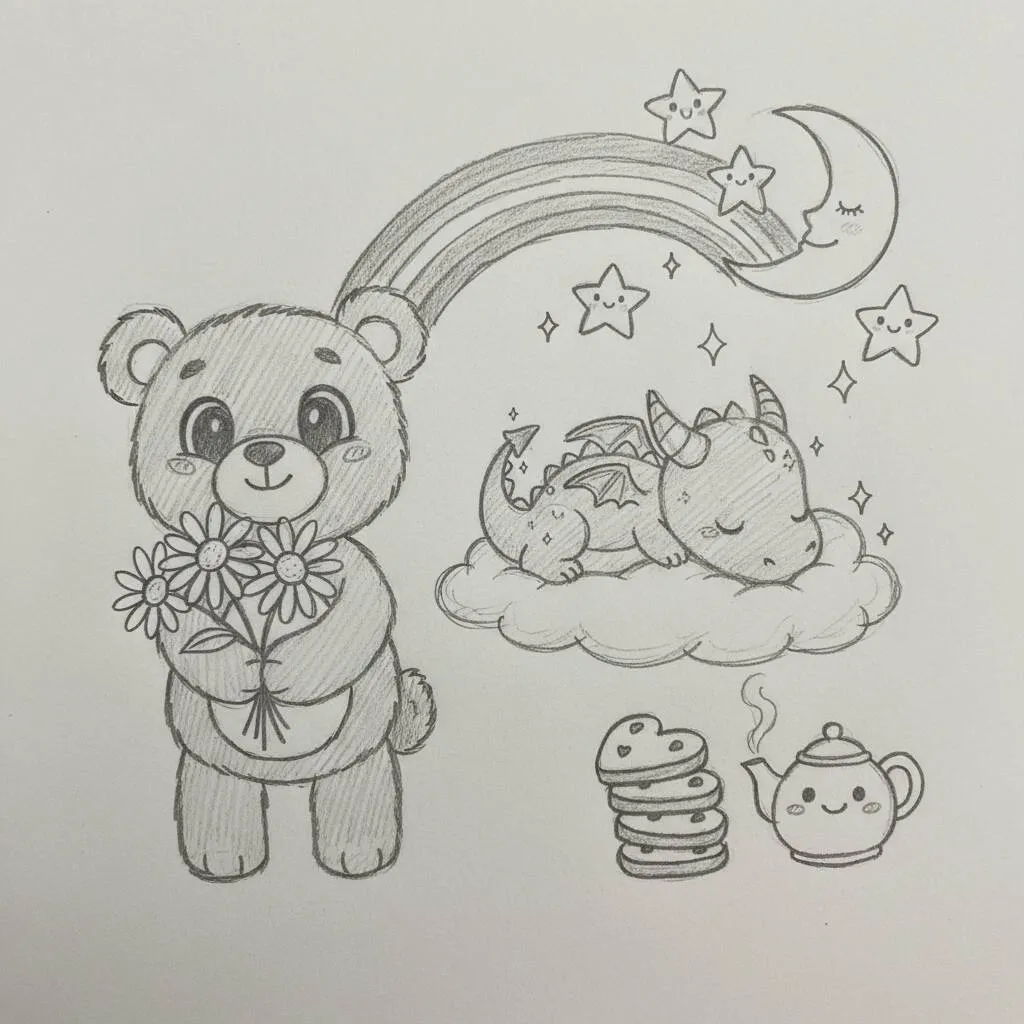 Desenho Fofo para Desenhar de Urso com Flores e Dragão Sonolento