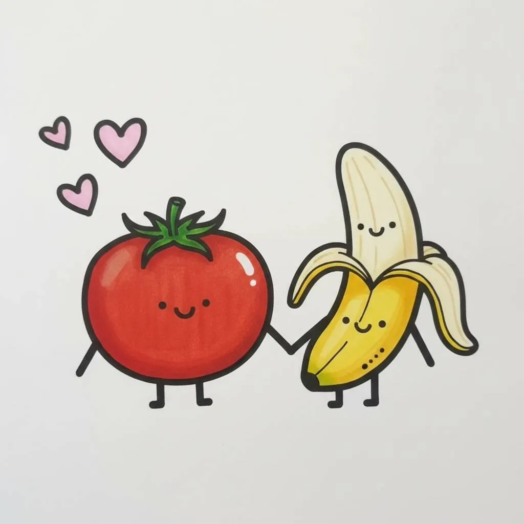 Desenho Fofo para Desenhar de Tomate e Banana Apaixonados
