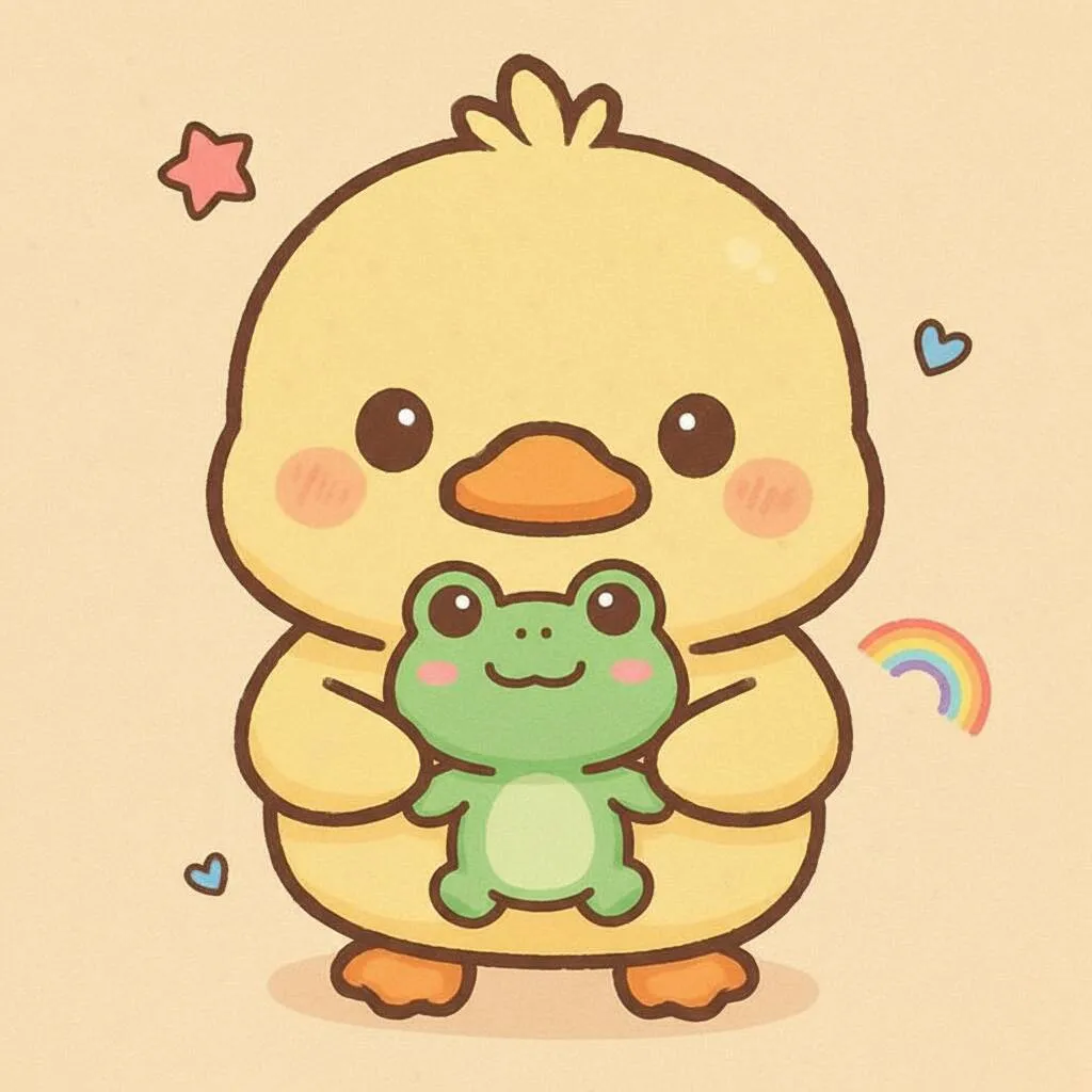 Desenho Fofo para Desenhar de Pato Abraçando Sapo Kawaii