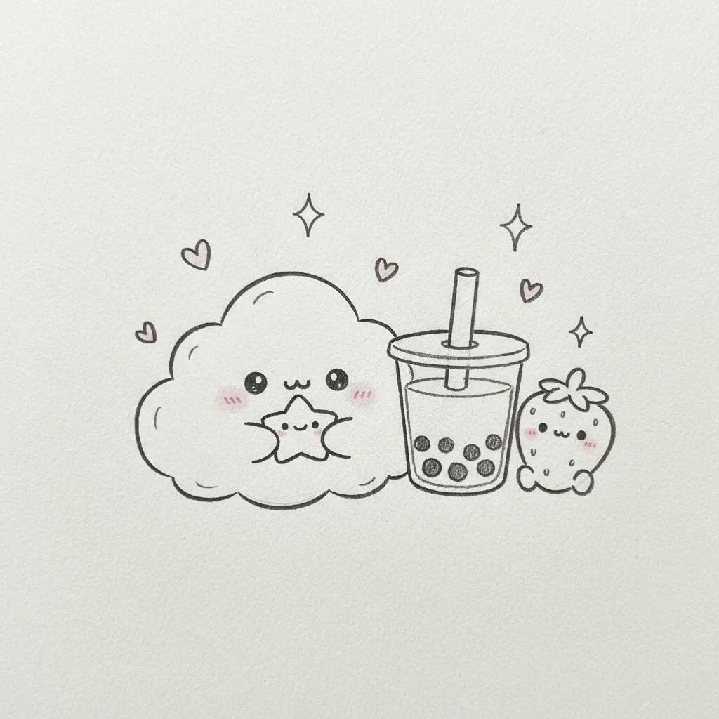 Desenho Fofo para Desenhar de Nuvem com Bebida e Moranguinho Kawaii