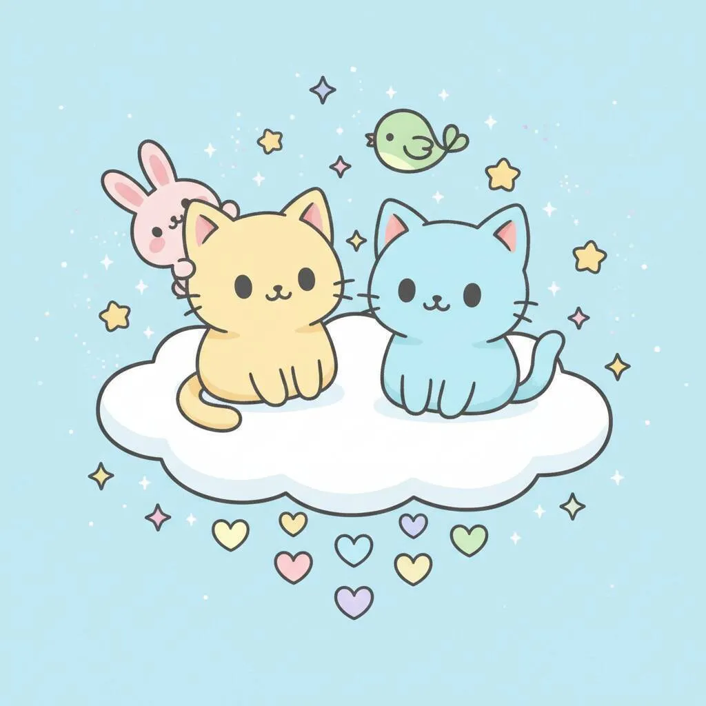 Cute Drawing to Draw of Kittens and Bunny in the Clords