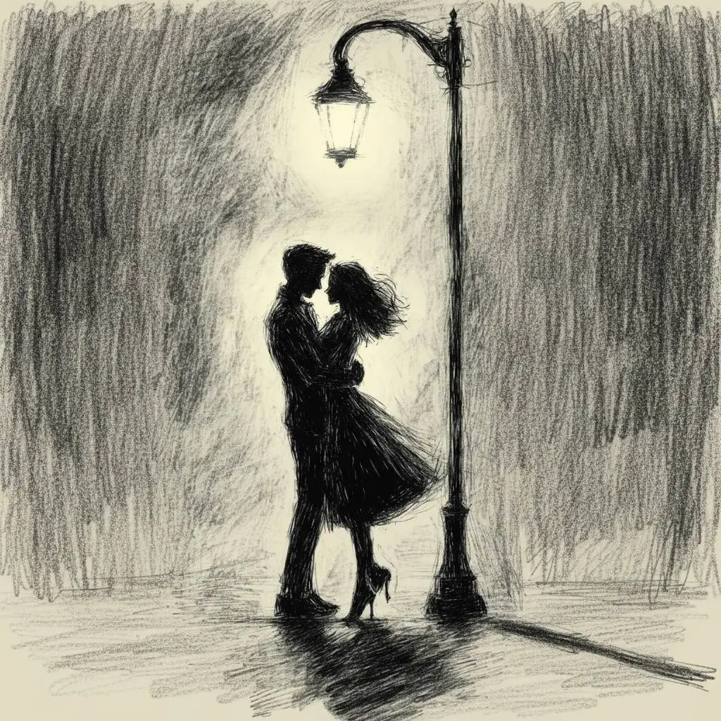 Desenho Fofo para Desenhar de Casal se Beijando Sob a Luz do Poste