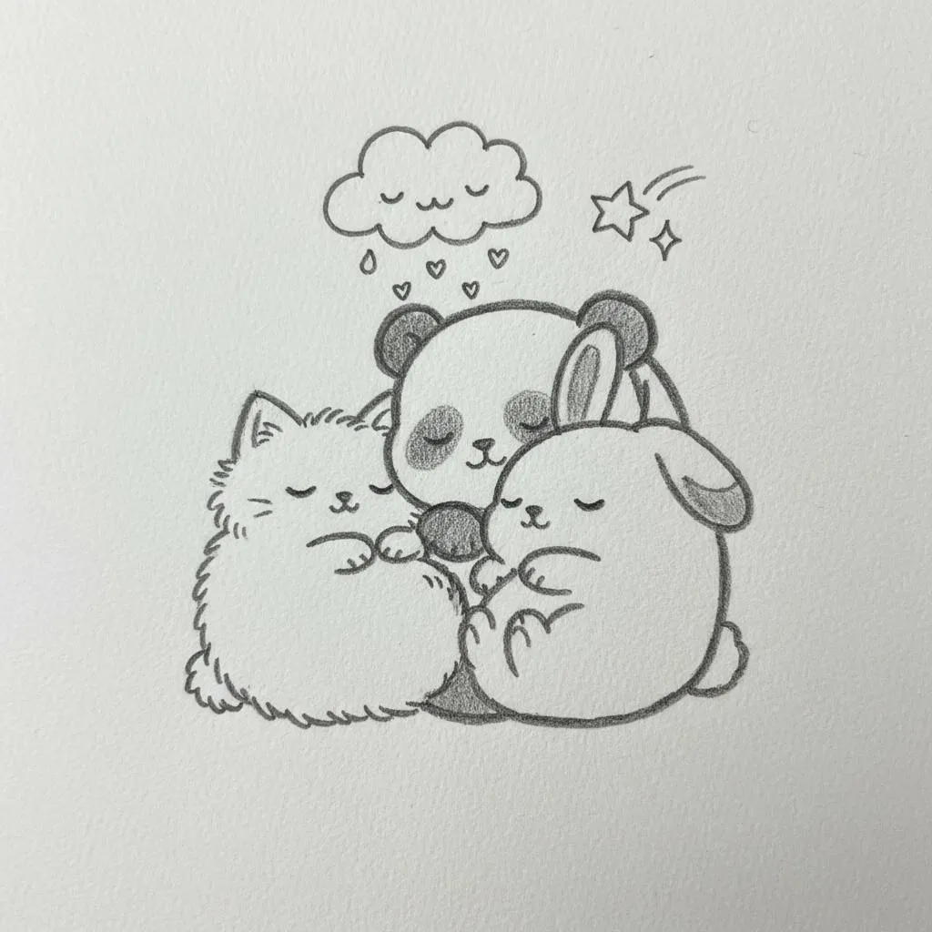 Desenho Fofo para Desenhar de Panda, Coelho e Gato Abraçados
