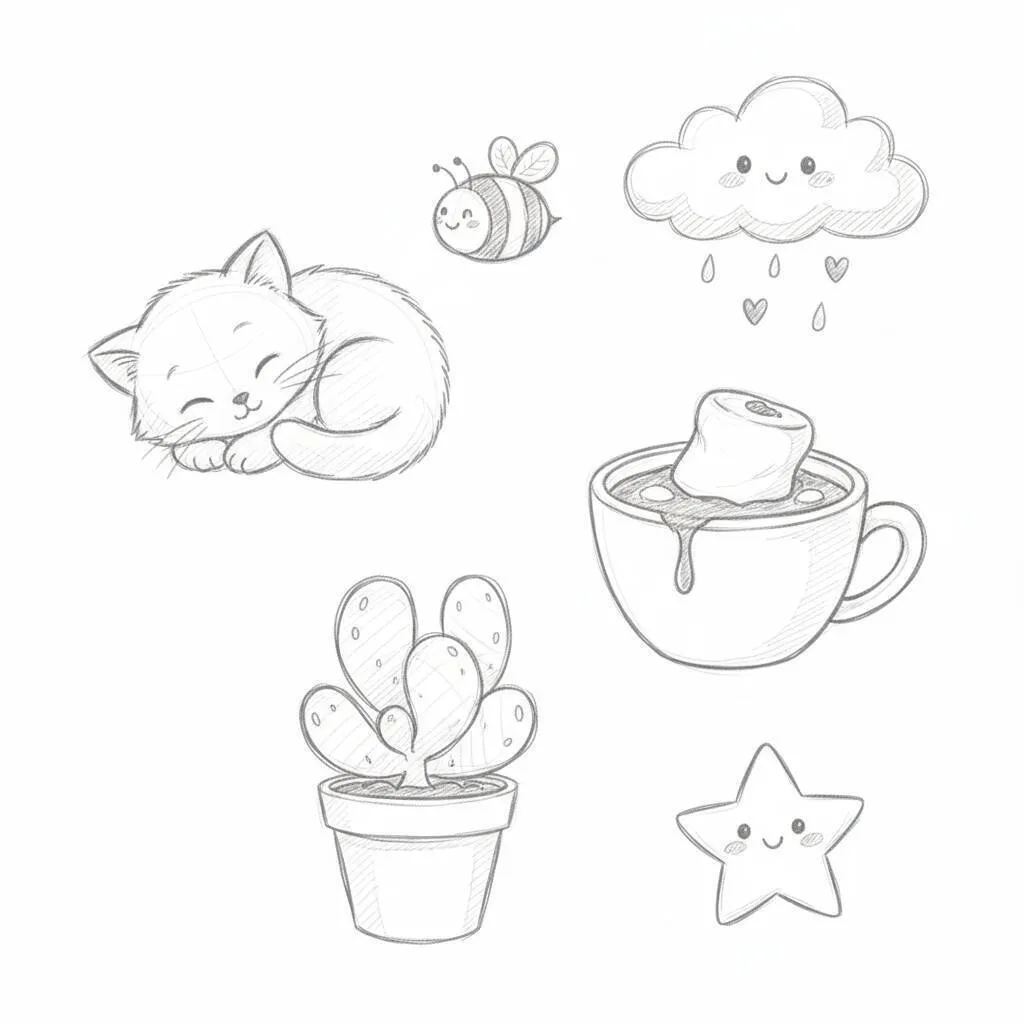 Desenho Fofo para Desenhar de Gato Dormindo com Cacto e Nuvem