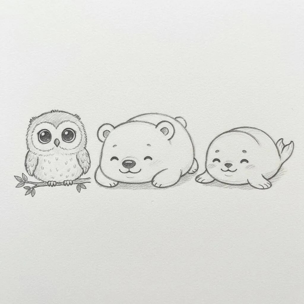 Desenho Fofo para Desenhar de Coruja, Urso e Foca Sorridentes