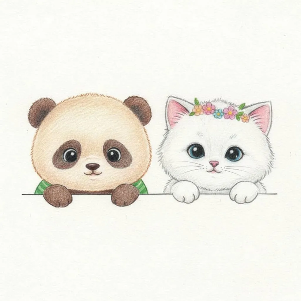 Desenho Fofo para Desenhar de Panda e Gatinho com Flores