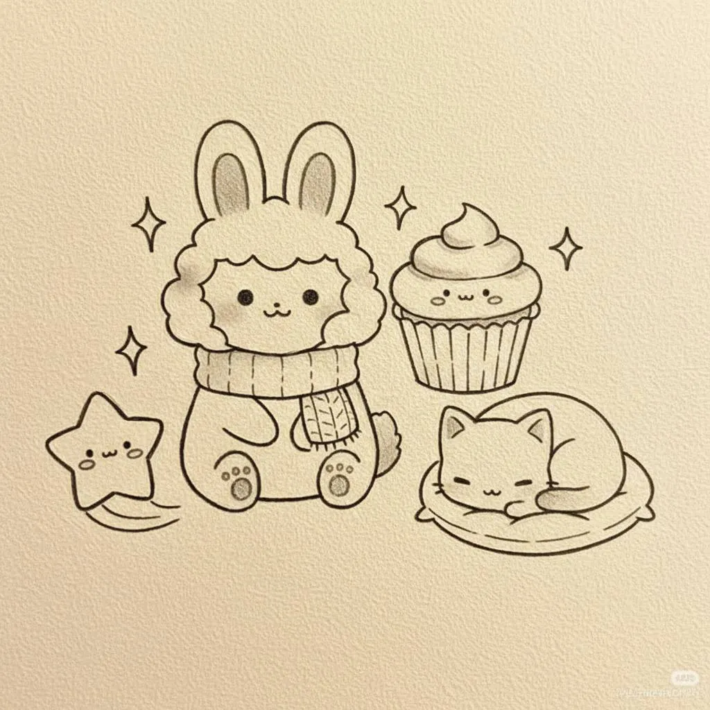 Desenho Fofo para Desenhar de Coelhinho com Cachecol e Cupcake