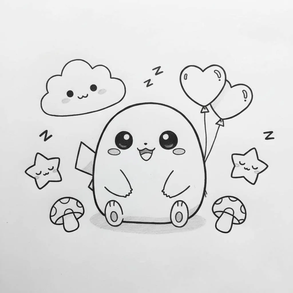Cute Kawaii Penguin Drawing with Balloons
