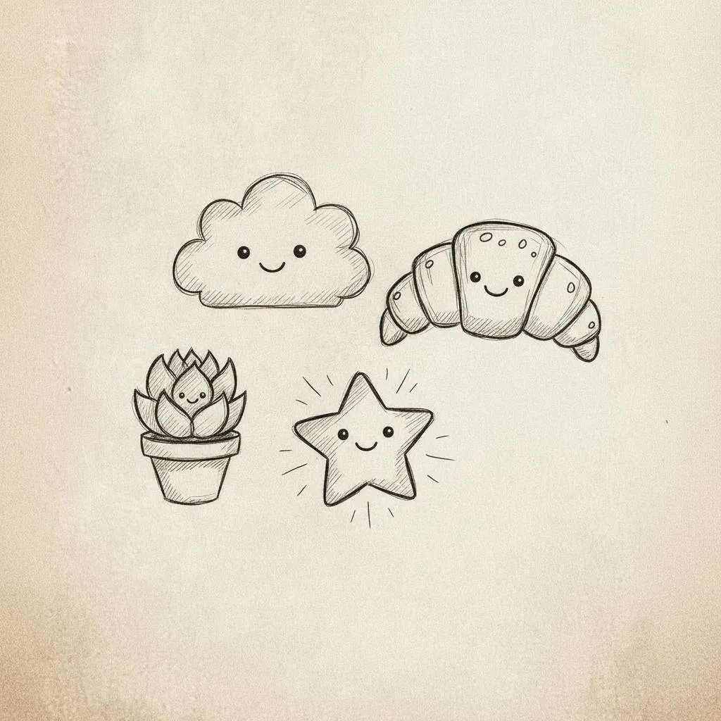 Cute Drawing to Draw of Smiling Clord, Croissant and Star