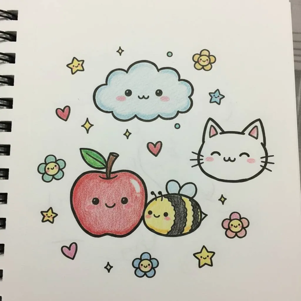 Desenho Fofo para Desenhar de Gato Kawaii com Maçã e Abelha