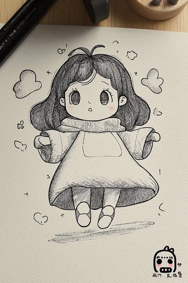 Desenho Fofo para Desenhar de Menina com Casaco e Borboletas
