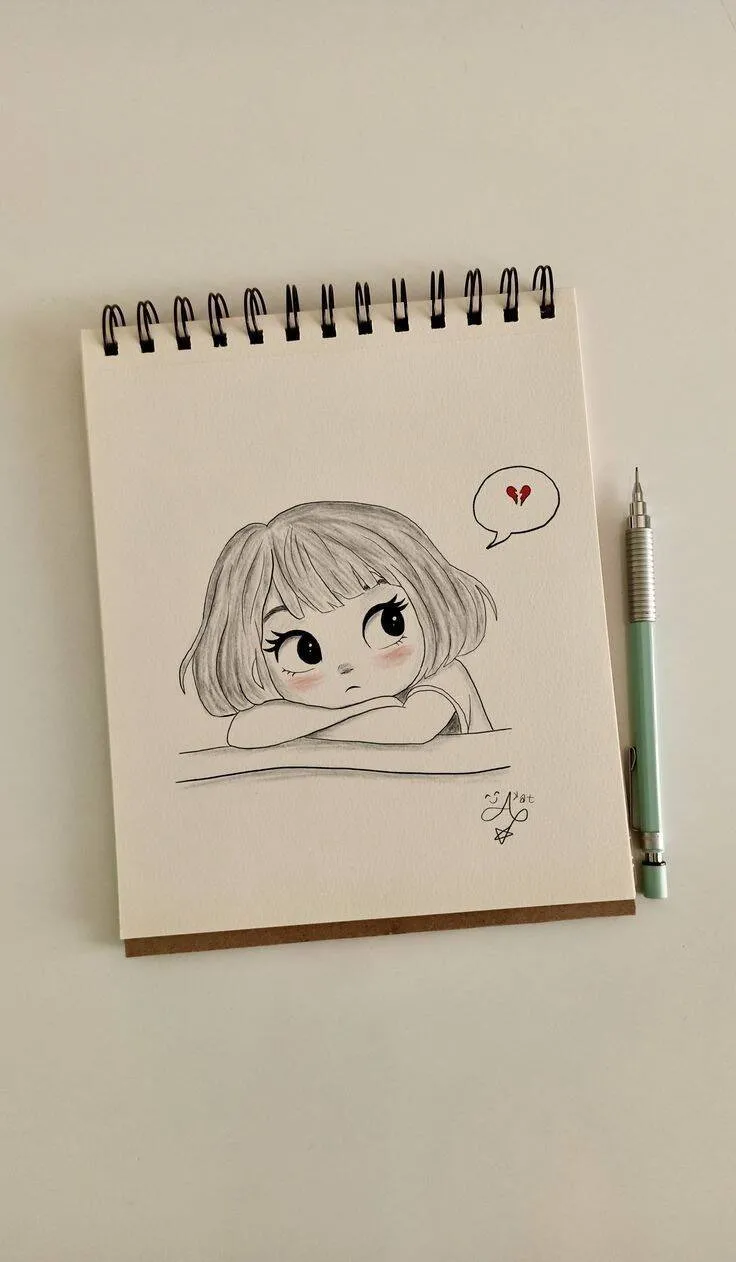 Desenho Fofo para Desenhar de Menina Pensativa com Coração