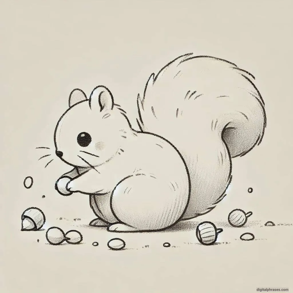 Cute Drawing of Squirrel with Nuts