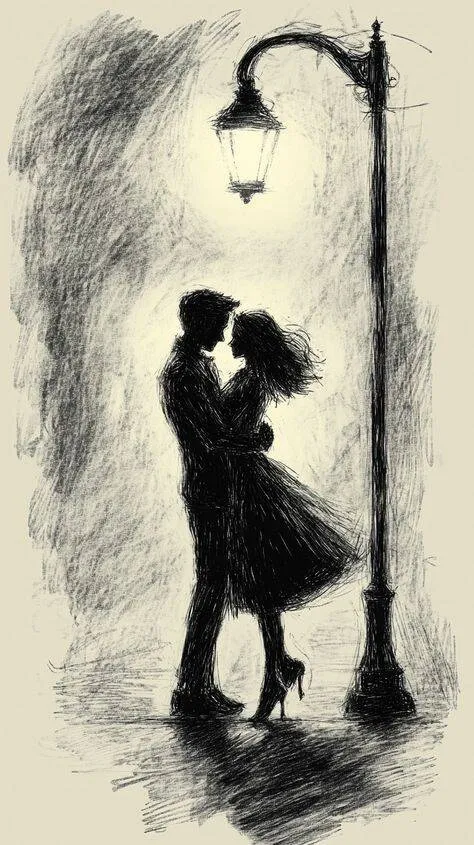 Cute Drawing to Draw of a Corple Hugging Under the Light of the Lamp