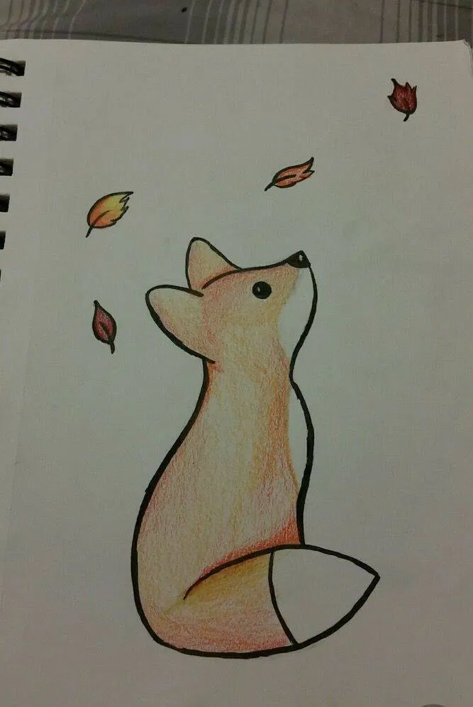 Cute Drawing to Draw of a Little Fox with Falling Leaves