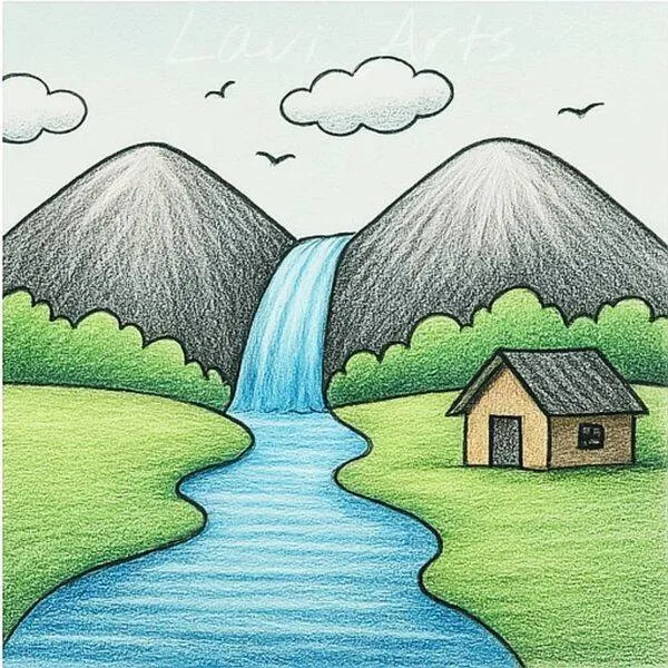 Desenho Fofo para Desenhar de Paisagem com Cachoeira e Montanhas