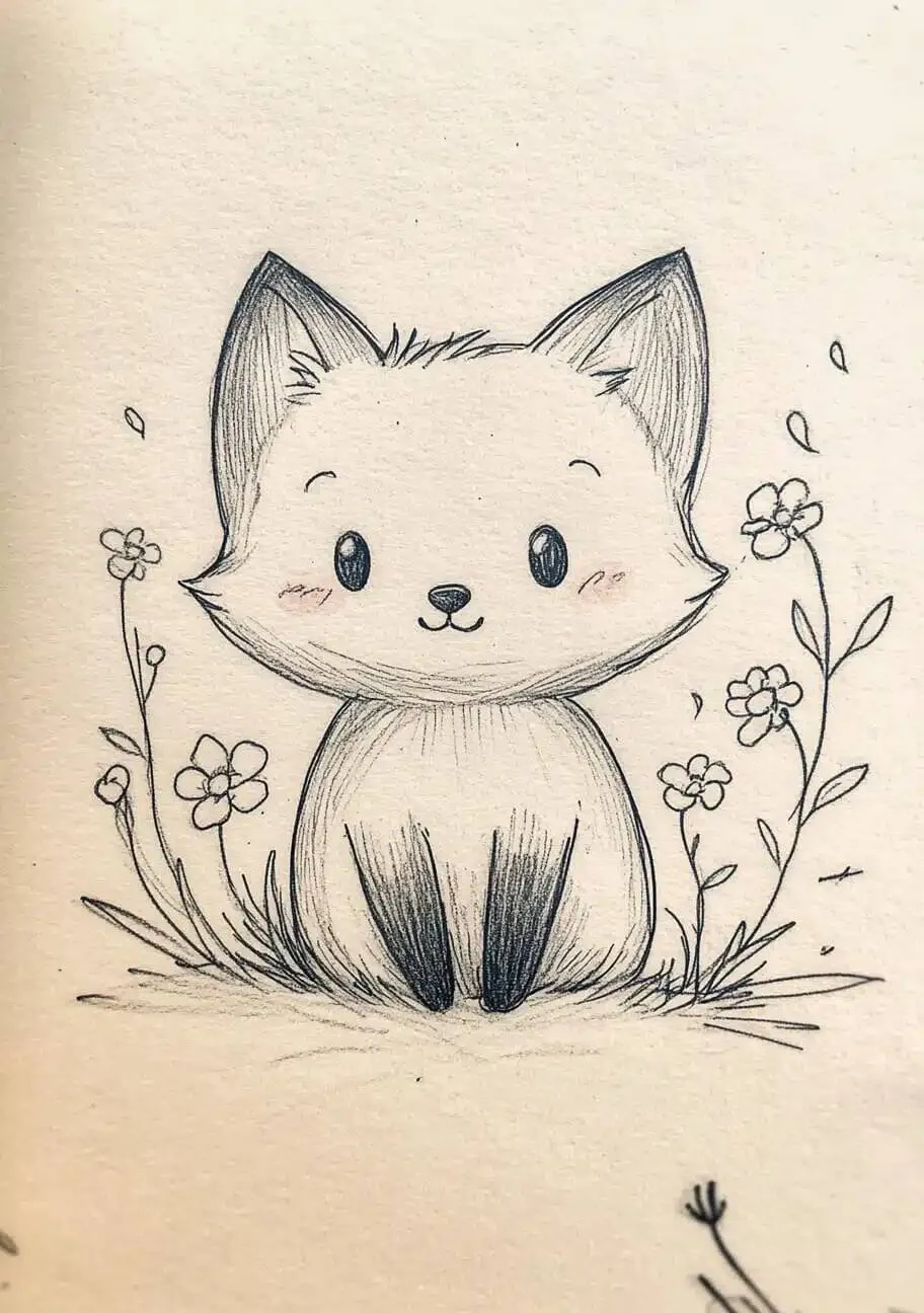 Cute Drawing to Draw of Kawaii Cat with Flowers