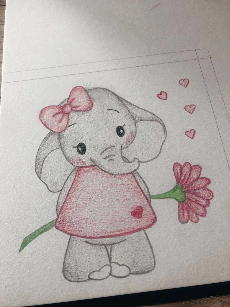 Desenho Fofo para Desenhar de Elefantinho com Flor
