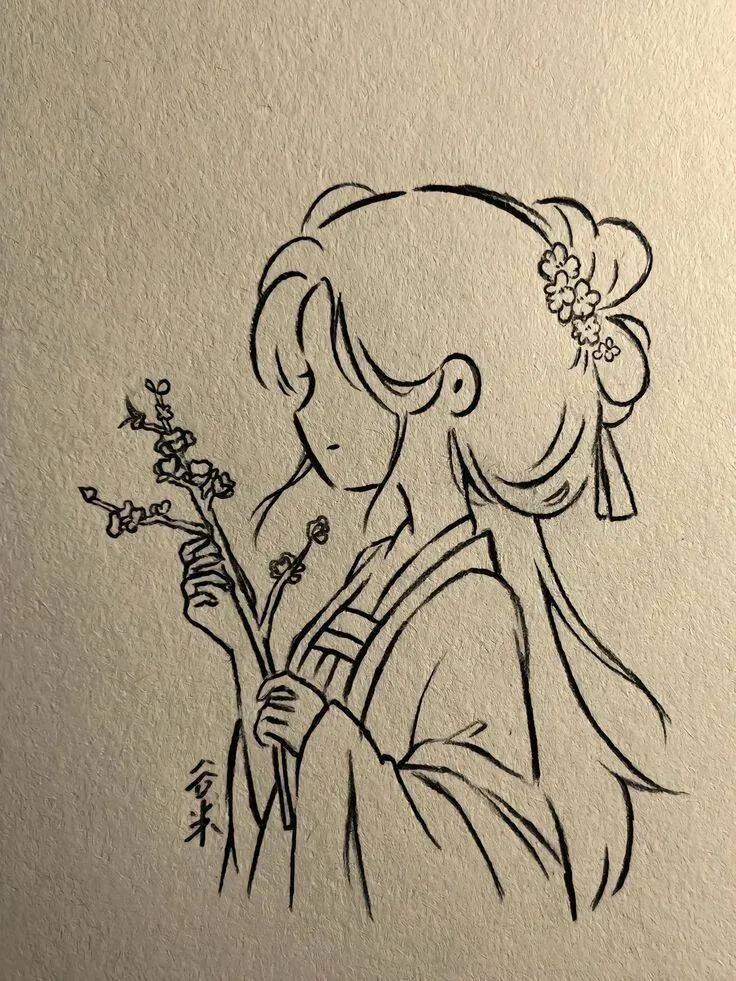 Desenho Fofo para Desenhar de Menina com Flor de Cerejeira